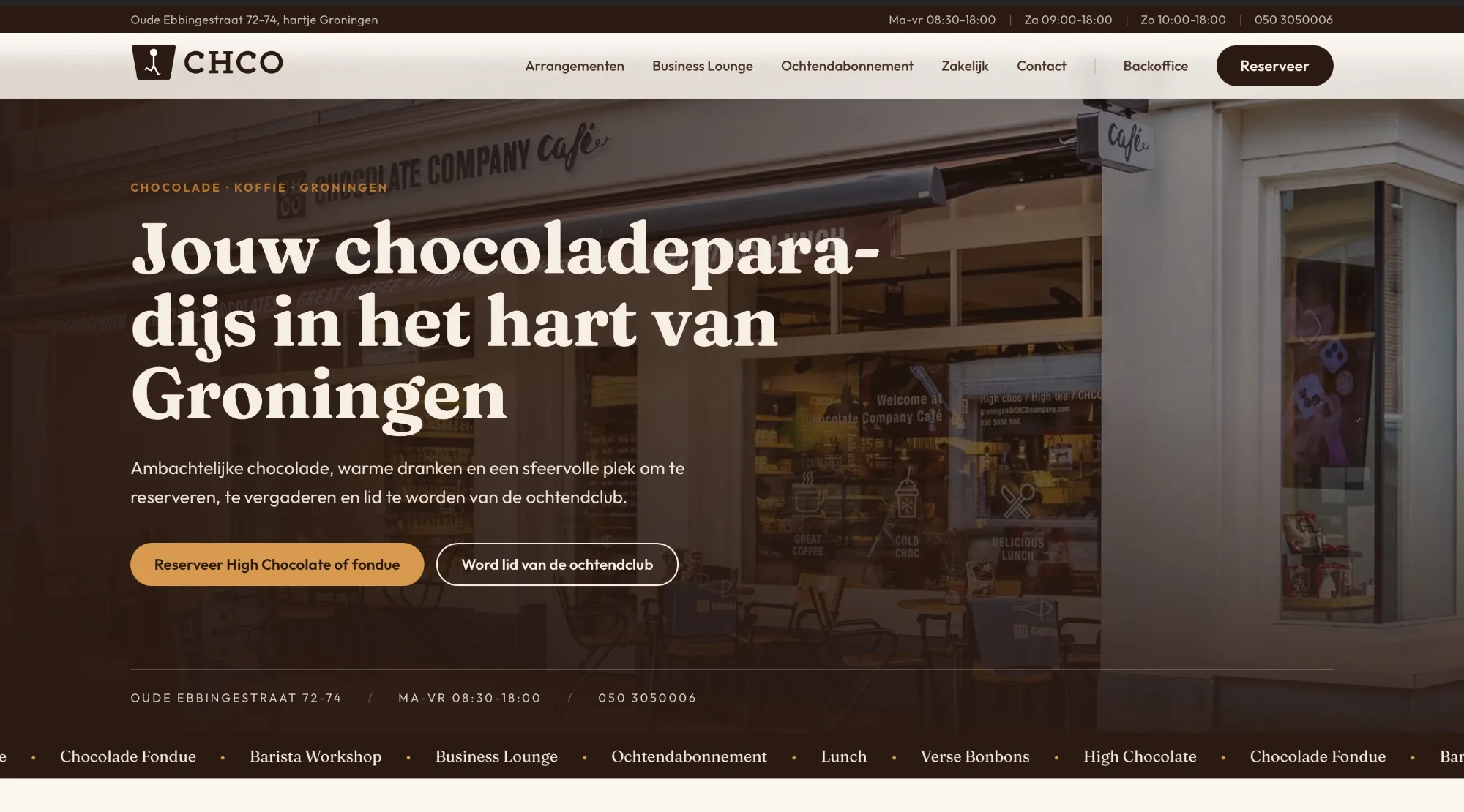 Homepage van de nieuwe website van Chocolate Company Groningen.